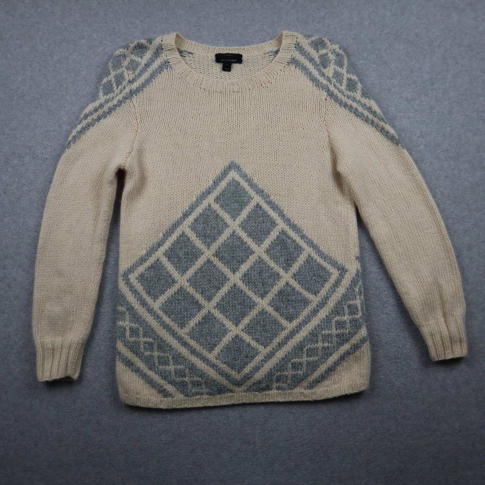 J.Crew Sweater Womens L Wool Cashmere Blend Pullover Cream Grey Diamond Knit